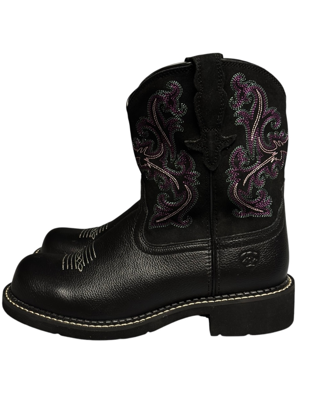 Ariat | Fatbaby Black Leather Purple Green Embroidered Cowboy Boots - Like New! - Picture 5 of 9